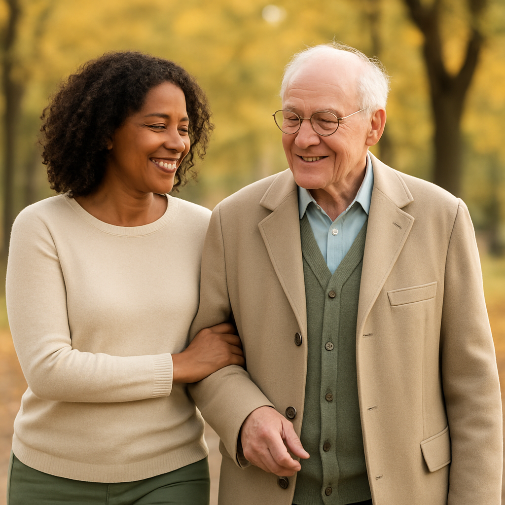 A companion walking arm-in-arm outdoors with a smiling elderly man on a tree-lined path