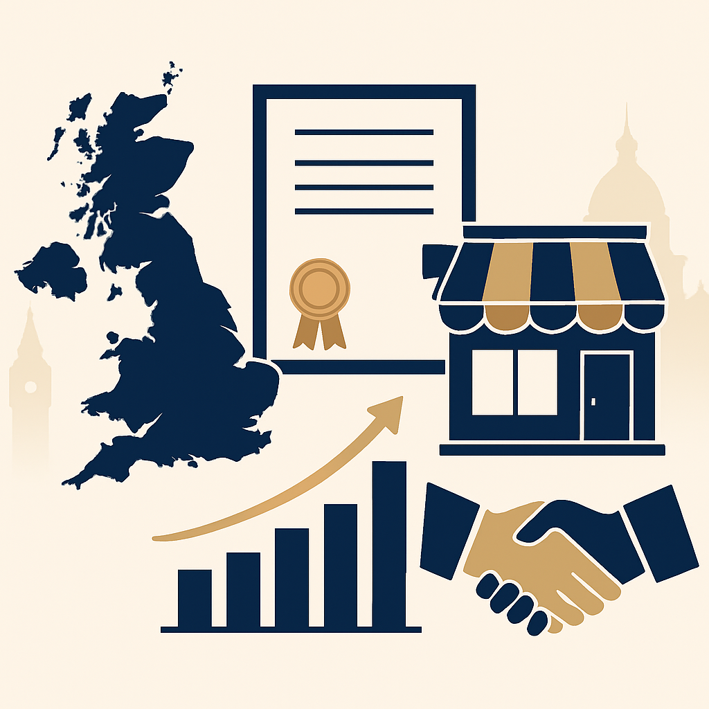Illustration of setting up a legal business in the United Kingdom, with a UK map, registration certificate, office building and growth chart