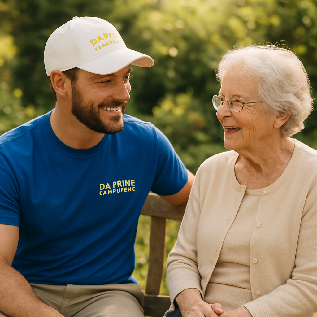 DA Prime companion chatting with an elderly client on a garden bench