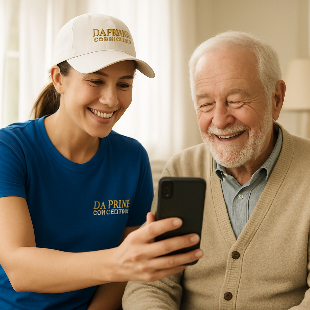 DA Prime companion helping an elderly client with a smartphone video call