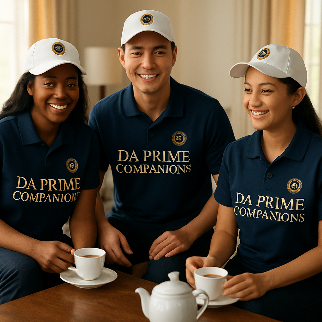 A diverse team of DA Prime companions wearing navy polo shirts with gold 'DA Prime Companions' lettering and matching white caps bearing the company logo, sharing tea and conversation with smiling elderly clients in a sunlit living room
