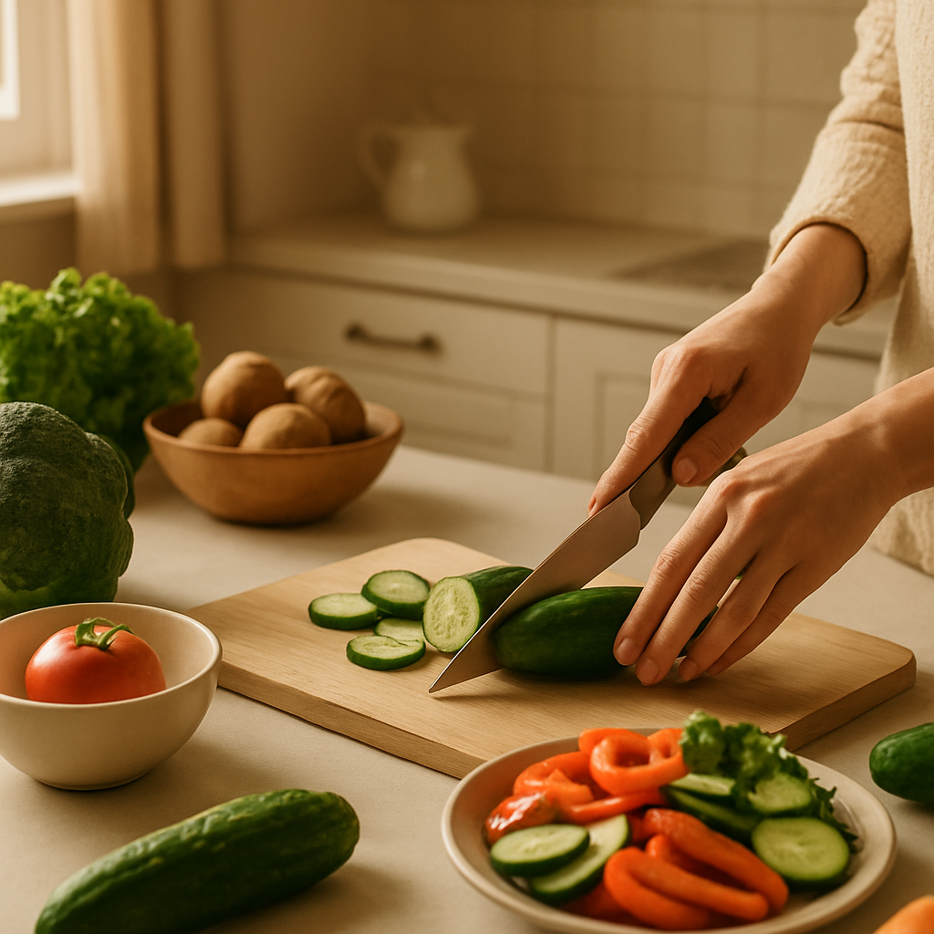 Hands preparing a fresh, healthy home-cooked meal in a bright kitchen