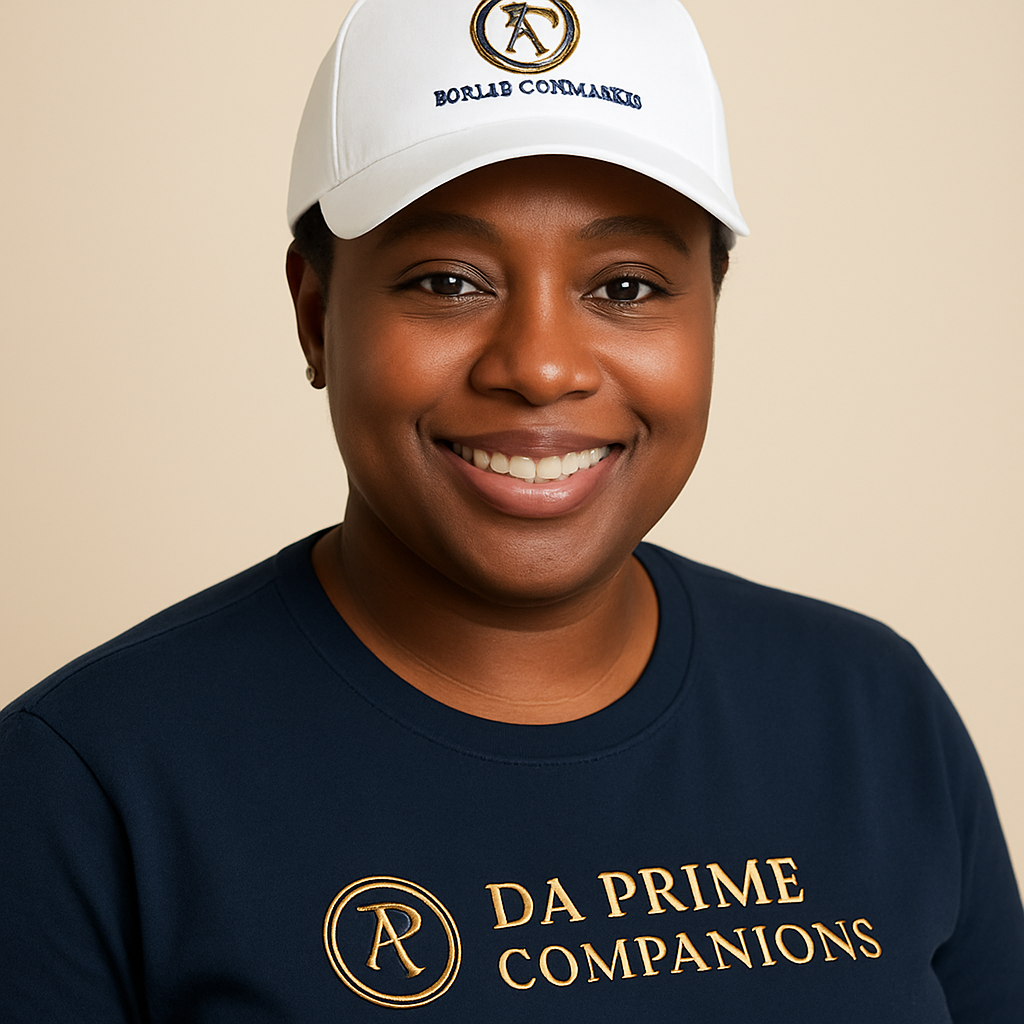 Amara Okafor, a Black DA Prime companion wearing a crested navy collarless t-shirt with gold lettering and a white logo cap