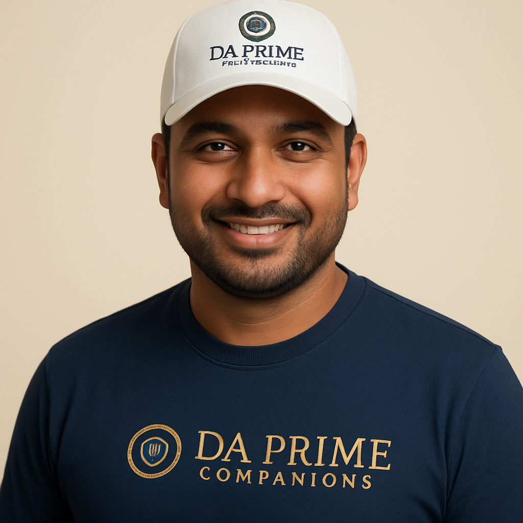 Rahul Sharma, a South Asian DA Prime companion wearing a crested navy collarless t-shirt with gold lettering and a white logo cap