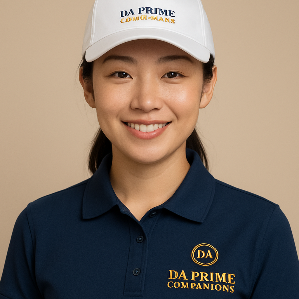 Mei Lin, an East Asian DA Prime companion wearing a crested navy collared polo shirt with gold lettering and a white logo cap