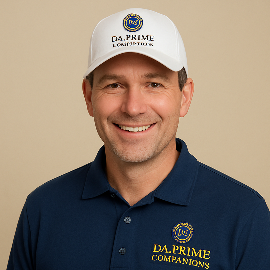James Whitfield, a white DA Prime companion wearing a crested navy collared polo shirt with gold lettering and a white logo cap