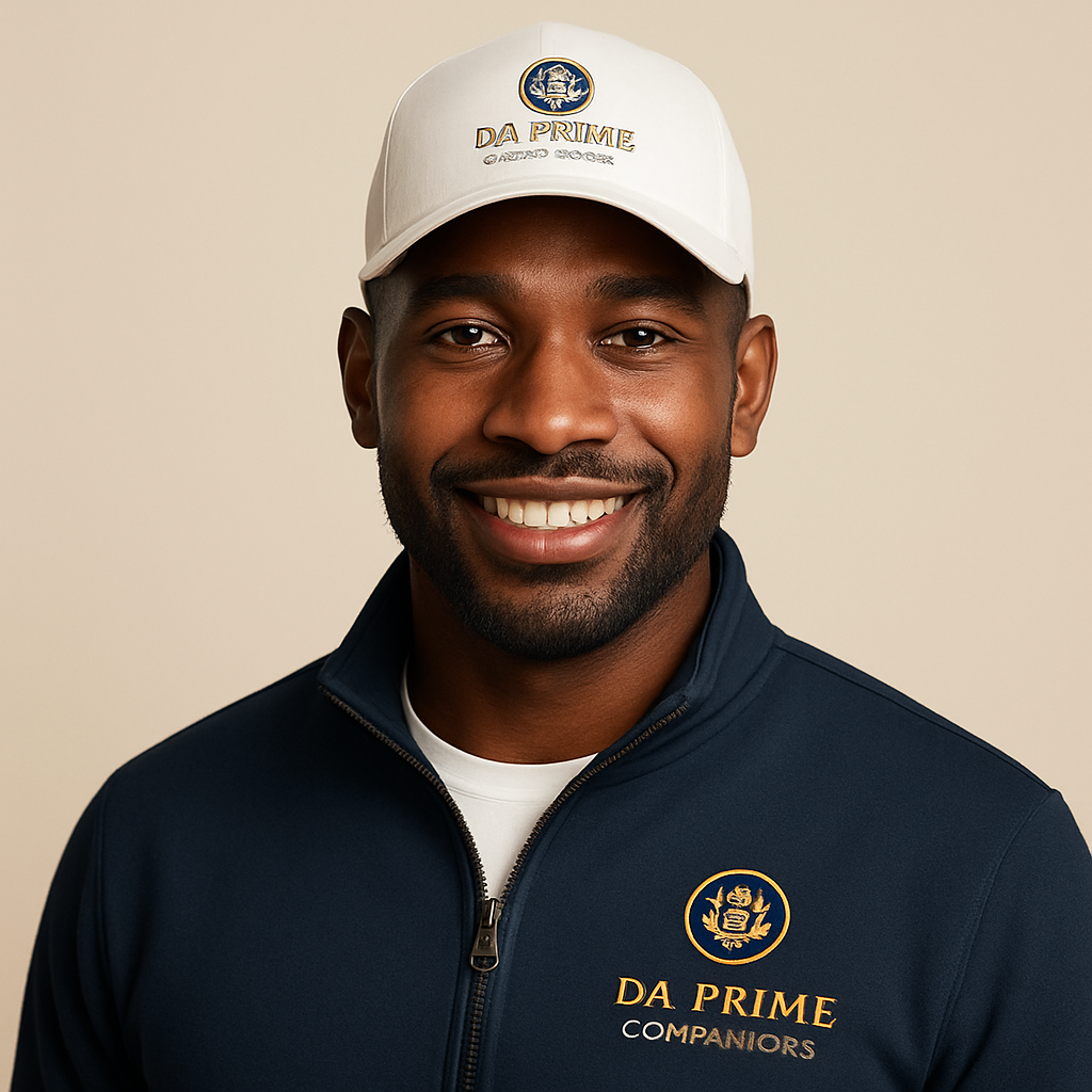 David Mensah, a Black DA Prime companion wearing a crested navy jacket over a white inner t-shirt with a white logo cap