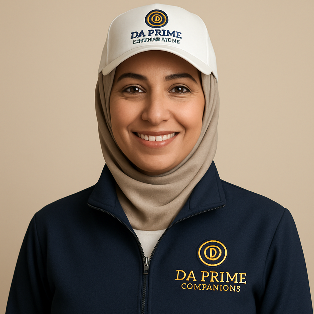 Layla Hassan, a Middle Eastern DA Prime companion in a headscarf wearing a crested navy jacket over a white inner t-shirt with a white logo cap